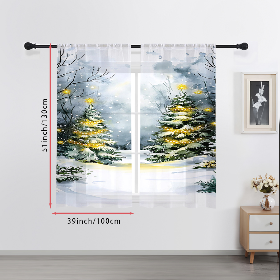 2PCS Sheer Curtains Watercolor - Home Decor Xmas Tree review and price